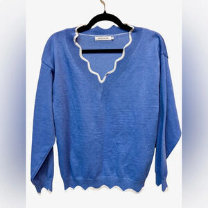 2/$15 - Misslook Scalloped V-Neck Sweater – Blue Medium